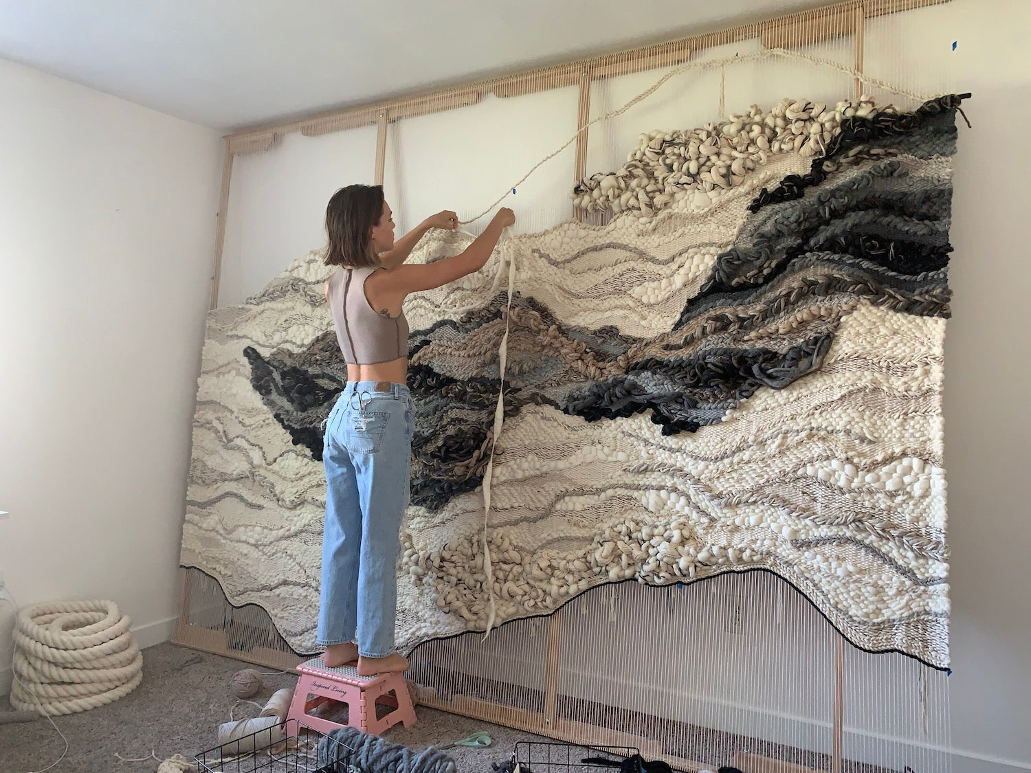 Large fabric panel with immersive texture and calming natural tones, ideal for tranquil spaces. Outlined edge