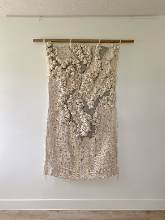 Sculptural soft art made with cotton and linen fibers, embracing both structure and spontaneity.
