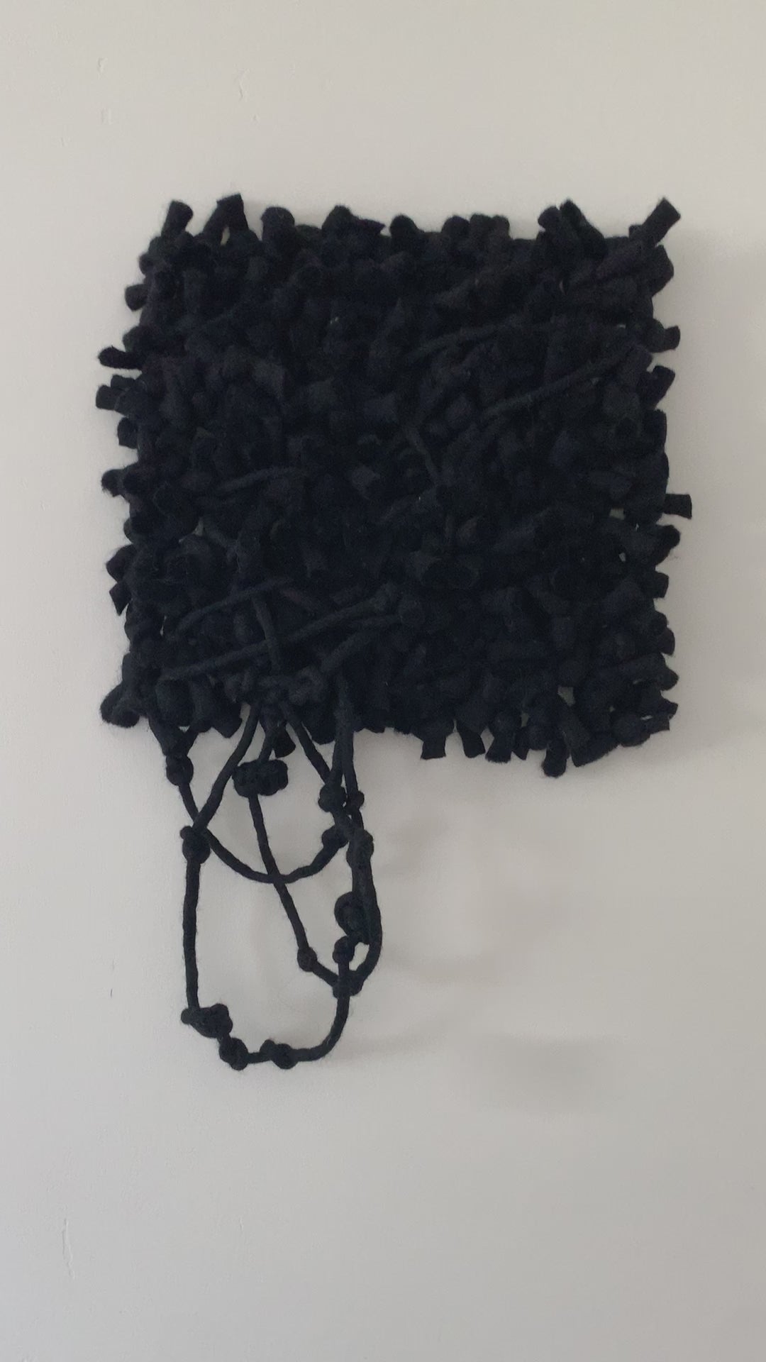 Modern woven wall hanging with asymmetrical design, blending various fiber textures for a unique aesthetic. Knotted fringe, with accent color as black.