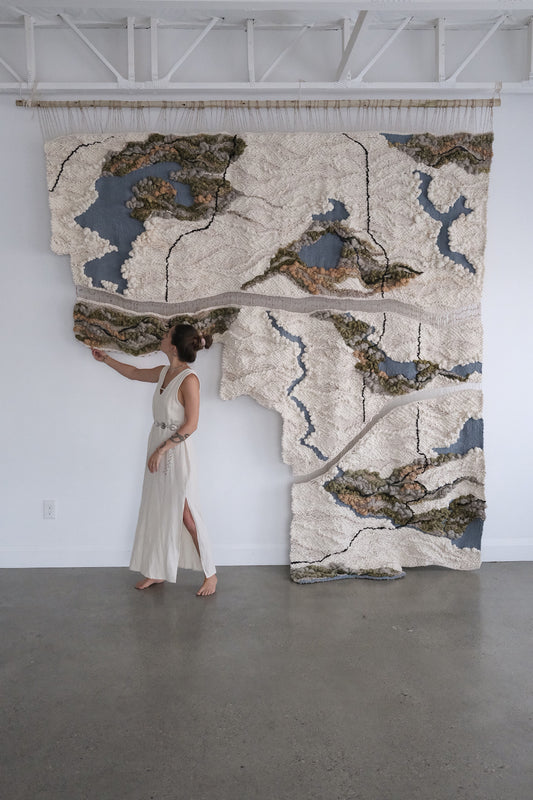 large abstract wall hanging, topographical map textile, green and blue weaving